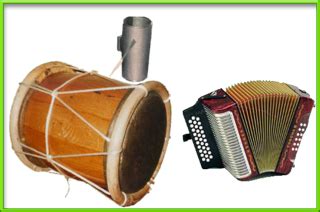 Esquema de los instrumentos del merengue típico: acordeón, güira, tambora