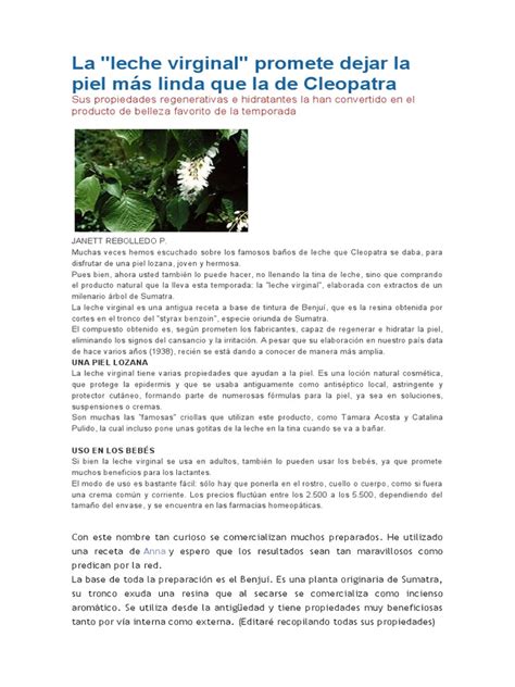 Esquema de los ingredientes principales de la leche virginal y sus beneficios