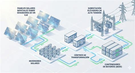 Esquema de una planta solar fotovoltaica con almacenamiento de baterías y conexión a red
