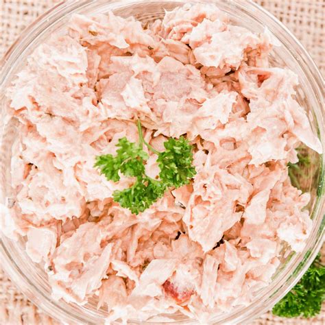 Salmón en lata desmenuzado y mezclado con mayonesa y vegetales