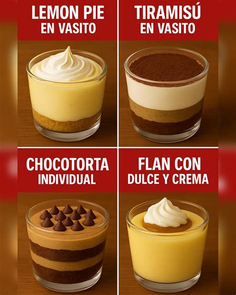 Infografía mostrando capas para postres en vasito: base, crema, topping