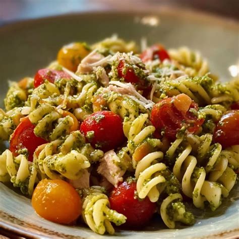 Plato de espagueti con pesto de albahaca y tomates cherry