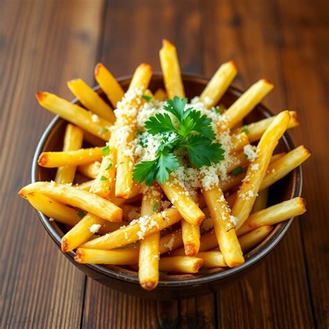 primer plano de patatas fritas gourmet con láminas de trufa y queso parmesano espolvoreado
