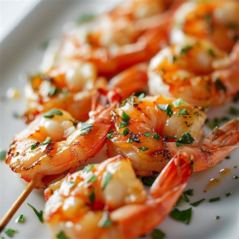 Primer plano de camarones y trozos de pimiento y limón ensartados en un pincho.