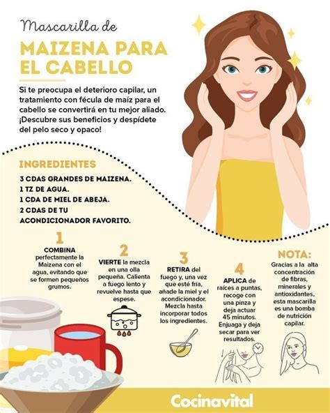 Infografía mostrando la preparación de diferentes mascarillas faciales con maicena