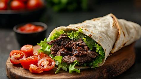Fotografía de un shawarma preparado con carne jugosa y vegetales frescos dentro de pan de pita.