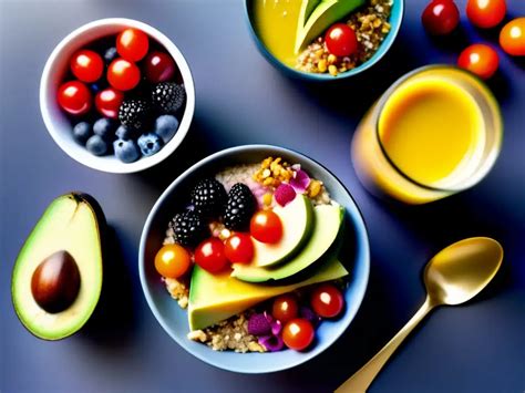 Variedad de desayunos veganos saludables y apetitosos.