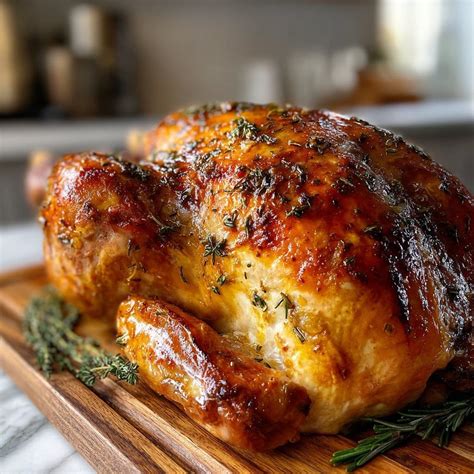 Manos aplicando mantequilla de hierbas bajo la piel de la pechuga de pavo.