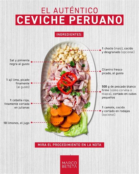 Infografía con los ingredientes y pasos de la receta de ceviche gourmet.
