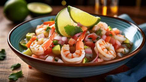 Imagen de ceviche de camarones servido en copas con aguacate y chips de plátano.
