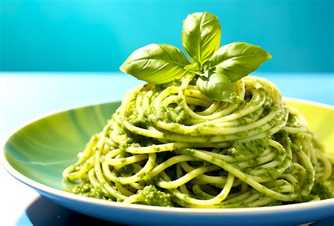 Plato de pasta con salsa pesto y hojas de albahaca