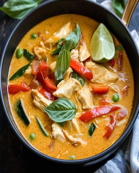 Plato de curry rojo tailandés servido en un bol con arroz jazmín, decorado con cilantro fresco y chiles.