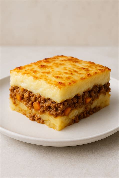 Foto de un pastel de papa gratinado recién horneado, dorado y burbujeante
