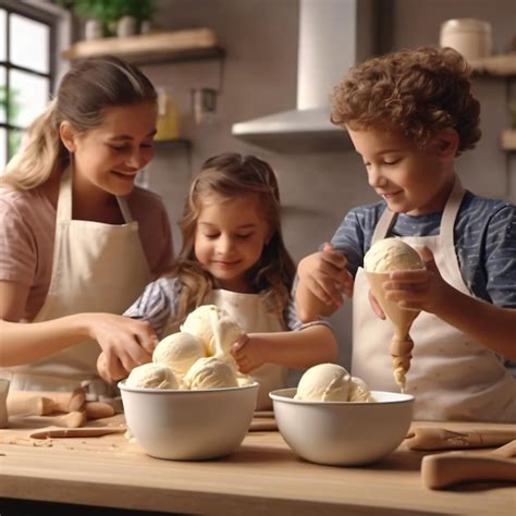 Familia preparando helado casero con heladera