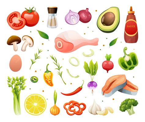 Ilustración de ingredientes frescos para una cena saludable: verduras, pechuga de pollo, salmón y arroz.