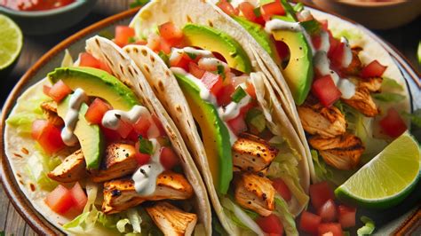 Montaje de tacos de pollo coloridos con variedad de ingredientes frescos.