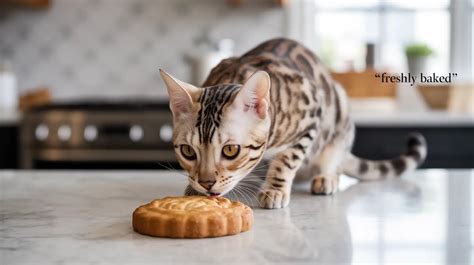 Un gato Bengalí investigando un gran pastel redondo en una encimera de mármol de cocina