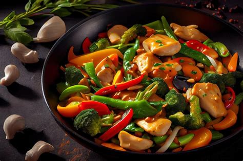 Primer plano de pollo y verduras salteadas en wok con salsa teriyaki