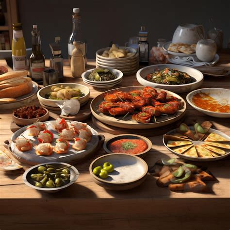 Mesa con una variedad de tapas y platos españoles