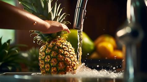 Piña entera siendo lavada bajo el grifo, mostrando la cáscara exterior