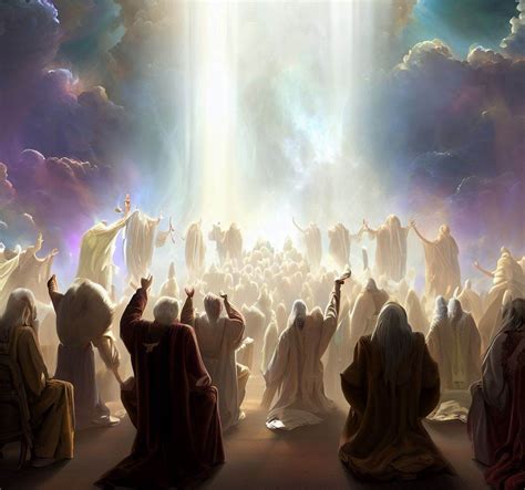 Ilustración del libro del Apocalipsis con ángeles y ancianos adorando a Dios.