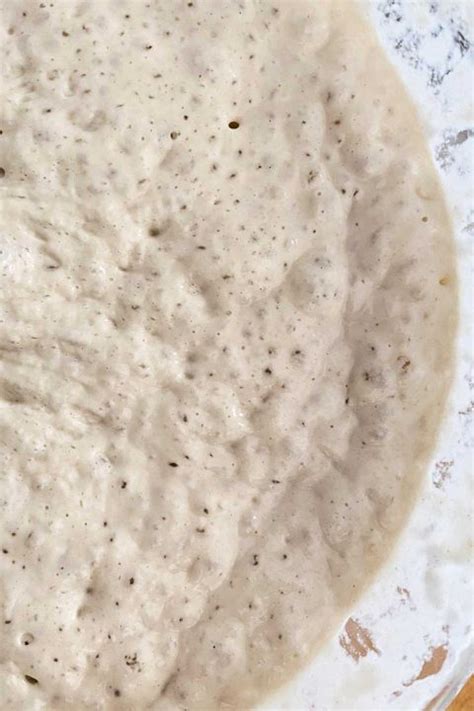 Masa de buñuelos fermentando en un bol, burbujeante y alta