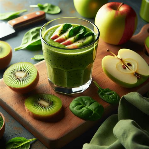 Smoothie verde con kiwi, manzana y espinacas en un vaso sobre una mesa de madera