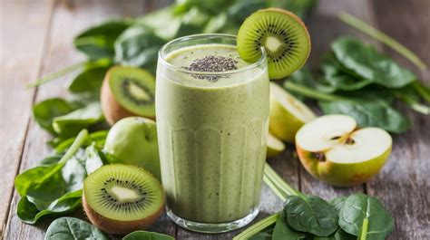 Fotografía de kiwi, manzana verde y hojas de espinaca fresca dispuestas para un batido