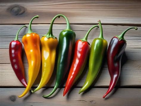 Variedad de frutos de ají de diferentes colores (rojo, amarillo, verde) y formas.