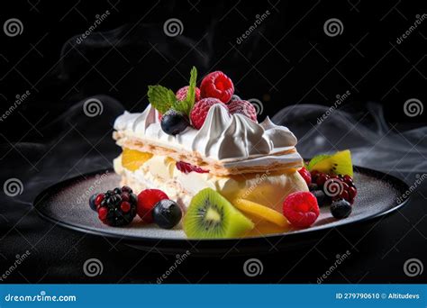 Montaje de la torta capa por capa con merengue, crema y frutas