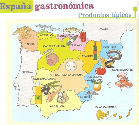 Mapa de la diversidad gastronómica regional de España con ejemplos de platos típicos