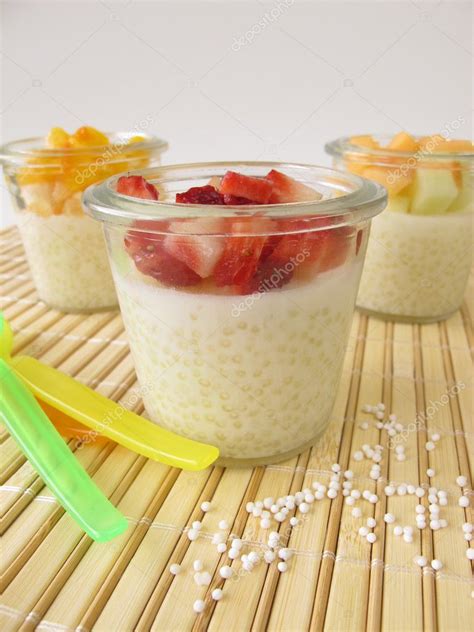 Ilustración de un plato de pudín de tapioca con frutas o frutos secos