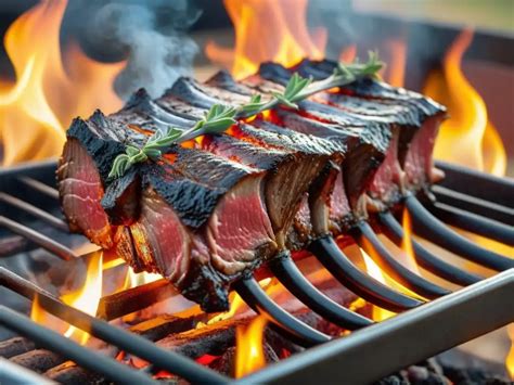 Vista aérea de un Asado de Tira cocinándose lentamente en la parrilla