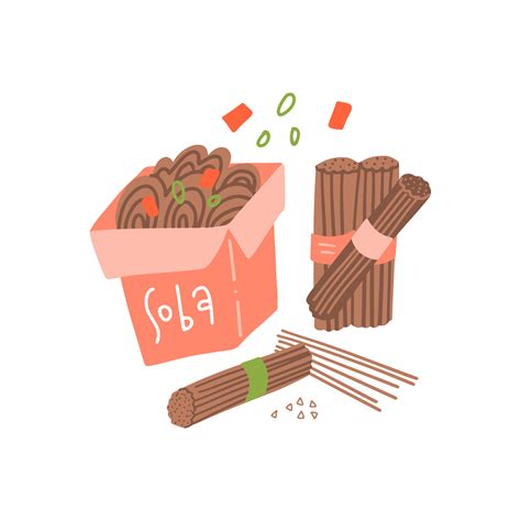 Ilustración de granos de trigo sarraceno y fideos soba crudos