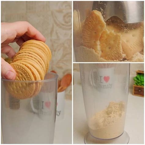Infografía detallando los pasos para hacer la base de galletas: triturar, mezclar con mantequilla, presionar en molde y hornear