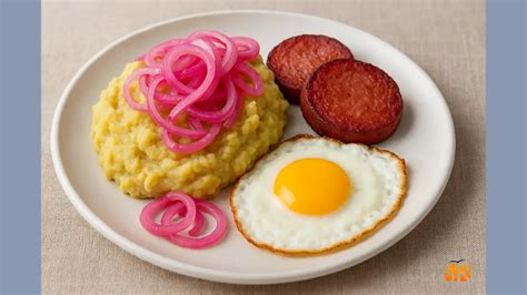 fotografía gastronómica de un plato de mangú dominicano coronado con abundantes aros de cebolla roja salteada y brillante