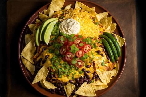 Plato de nachos con crema agria y guacamole