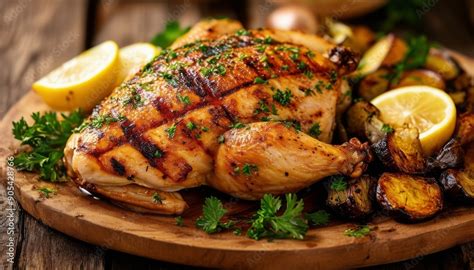 Pollo entero asado con papas doradas y rodajas de limón