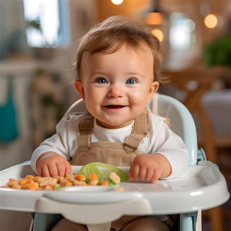 Bebé sentado en su silla alta, explorando un plato de puré de garbanzos con una cuchara