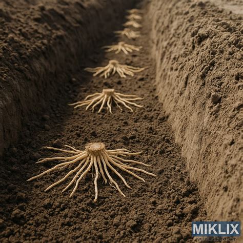 Plantación de coronas de espárrago en una zanja con raíces extendidas