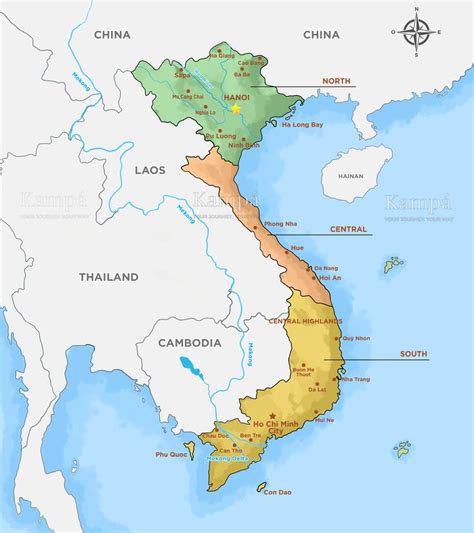 Mapa gastronómico de Vietnam destacando la tradición del Pho en Hanói y su evolución hacia el sur.