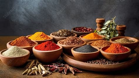 Variedad de especias exóticas en cuencos de madera sobre una mesa