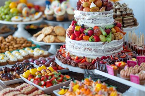Foto de postres variados en una mesa con personas disfrutando