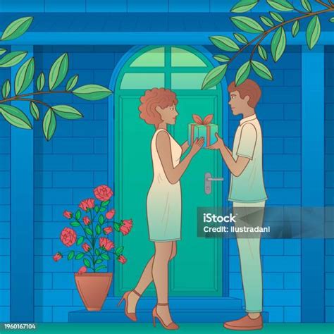 Ilustración histórica de parejas intercambiando chocolates en San Valentín
