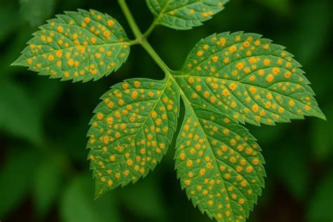 Fotografía de hojas de frambuesa afectadas por pústulas de roya naranja