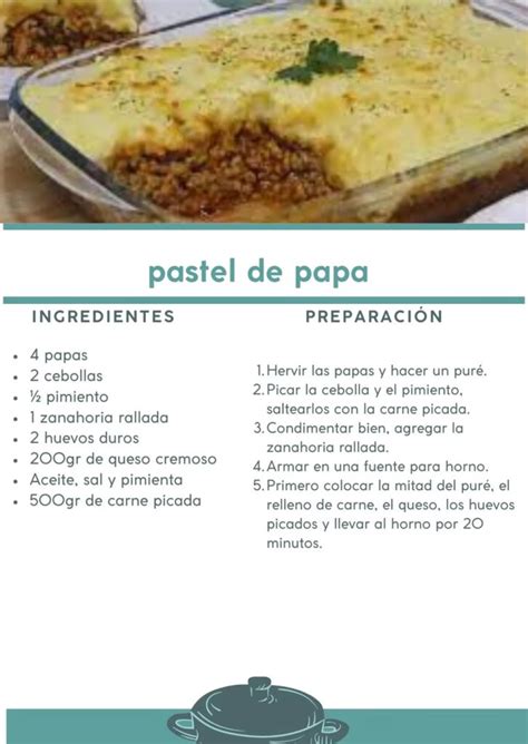 Infografía detallando los pasos clave para armar el pastel de papas vegetariano: capa de relleno, capa de puré, horneado.