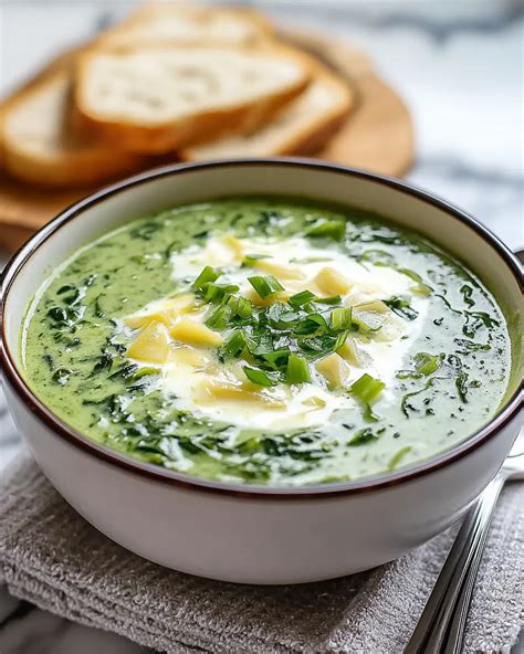 Plato de sopa cremosa de espinacas con adorno de nata y hierbas frescas