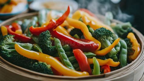 Verduras cocinándose al vapor en una cesta de bambú