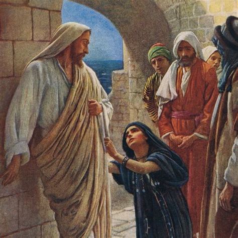 Ilustración de Jesús interactuando con la mujer cananea y su hija, enfatizando la fe y la misericordia.