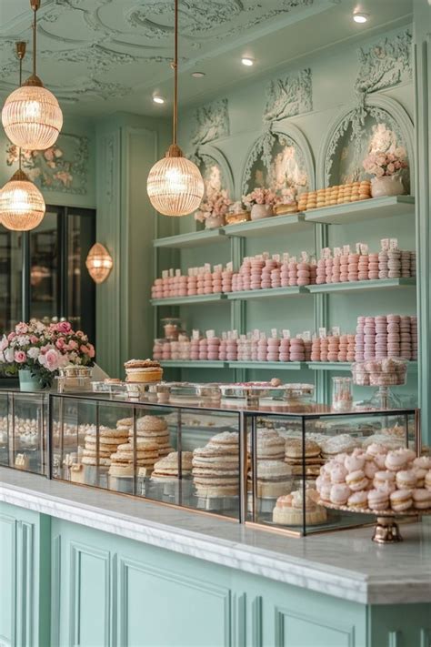 Interior de pastelería de lujo en París con macarons y dulces